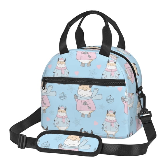 DouZhe Lunch Bags for Women and Men, Cute Pink Cartoon Cows Prints Reusable Portable Insulated Cooler Waterproof Lunch Tote Bag for Travel Work Picnic