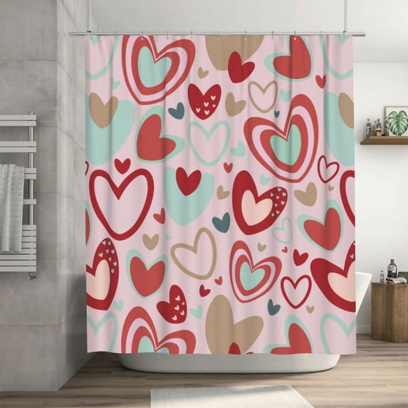 DouZhe Multicolored Hearts Pink Pattern Shower Curtain, Waterproof Bath Curtains for Bathroom Decorations, 72 x 72 inches