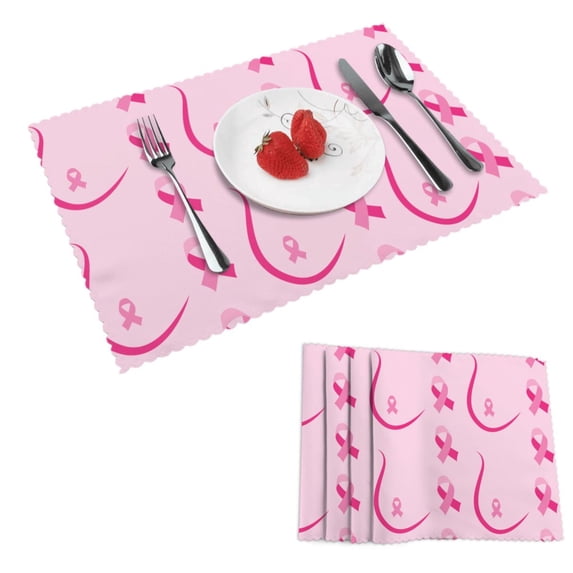 DouZhe Polyester Placemats Set of 4, Breast cancer awareness Pink Ribbon Pattern Heat Resistant Place Mats for Dining Table, 12" x 18"
