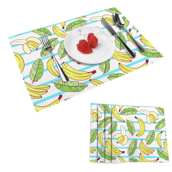 DouZhe Polyester Placemats Set of 4, Cartoon Banana Fruit Illustrations Pattern Heat Resistant Place Mats for Dining Table, 12" x 18"