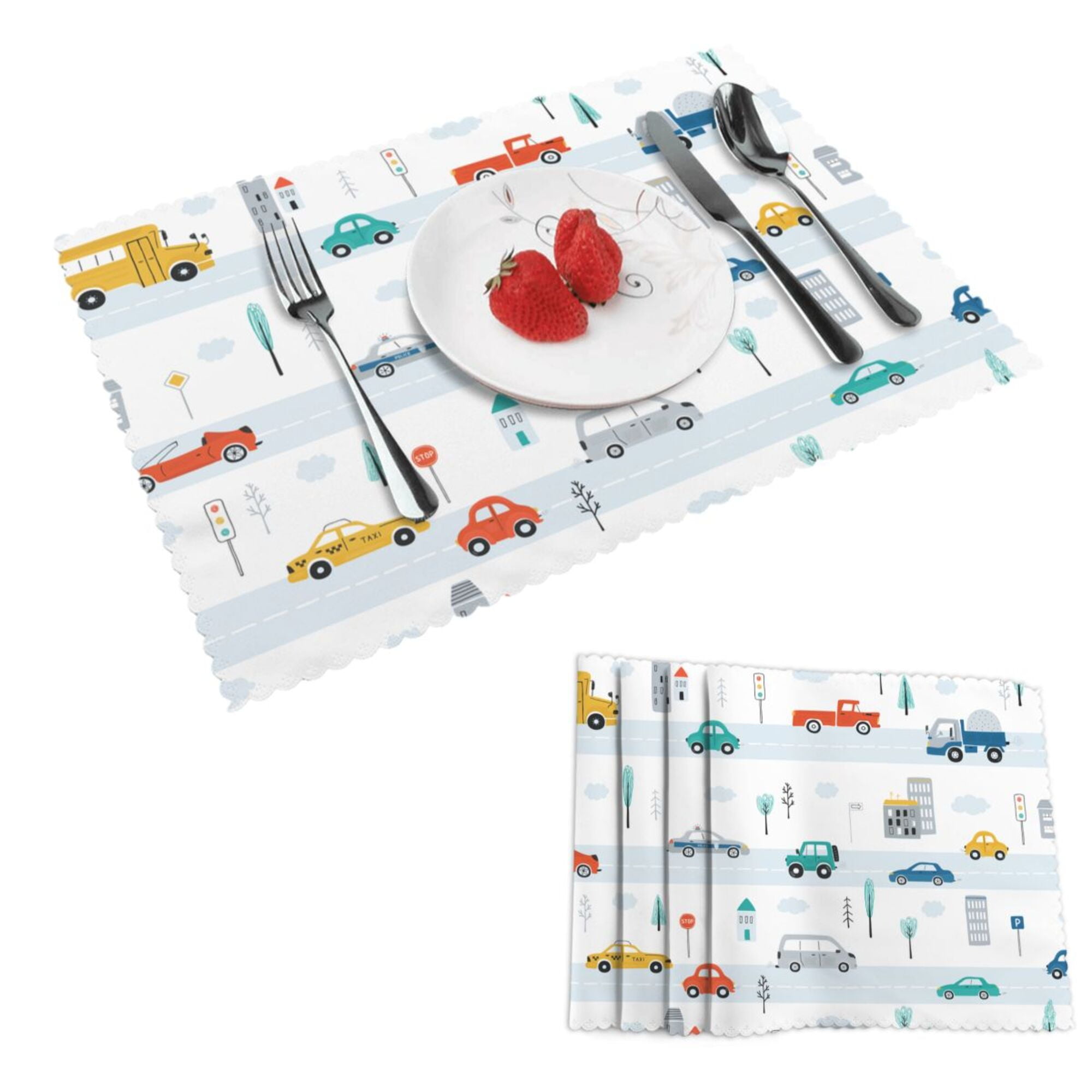 DouZhe Polyester Placemats Set of 4, Cute Cars Road Traffic Pattern