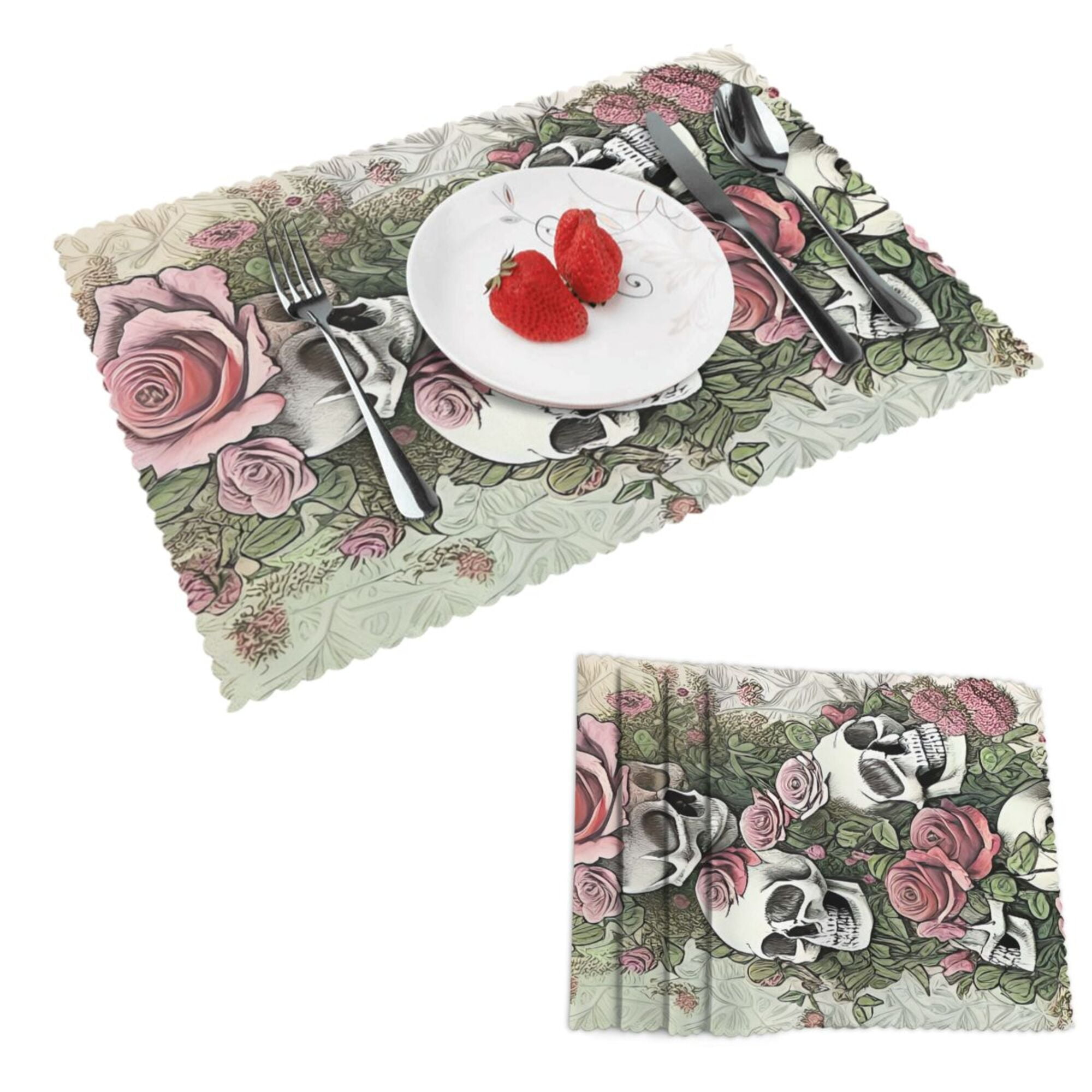 DouZhe Polyester Placemats Set of 4, Deadhead Roses Grateful Skulls