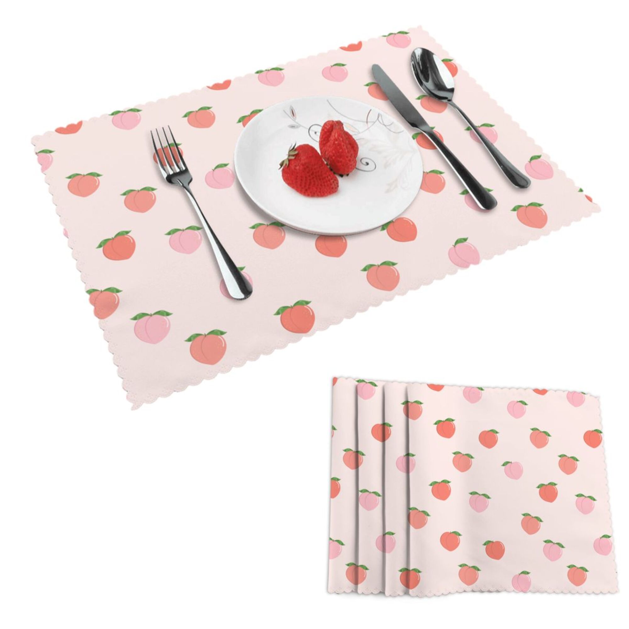 DouZhe Polyester Placemats Set of 4, Pink Peach Fruits Pattern Heat