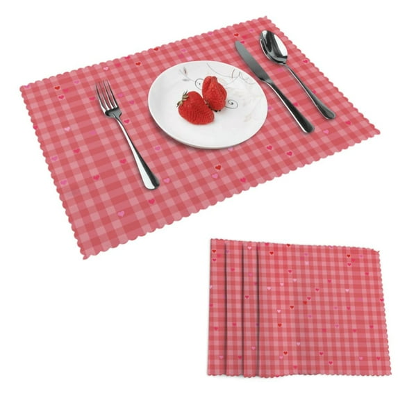 DouZhe Polyester Placemats Set of 4, Red Hearts Love Checkered Pattern Heat Resistant Place Mats for Dining Table, 12" x 18"