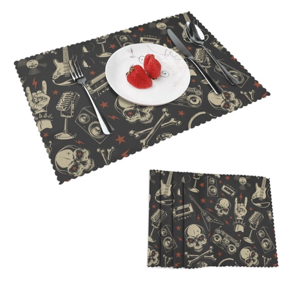 DouZhe Polyester Placemats Set of 4, Skull Rock and Roll Music Pattern Heat Resistant Place Mats for Dining Table, 12" x 18"