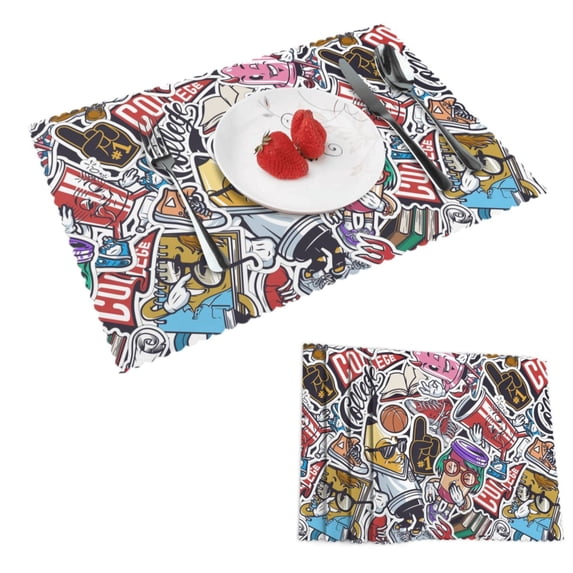 DouZhe Polyester Placemats Set of 4, Vintage College Colorful Graffiti Pattern Heat Resistant Place Mats for Dining Table, 12" x 18"