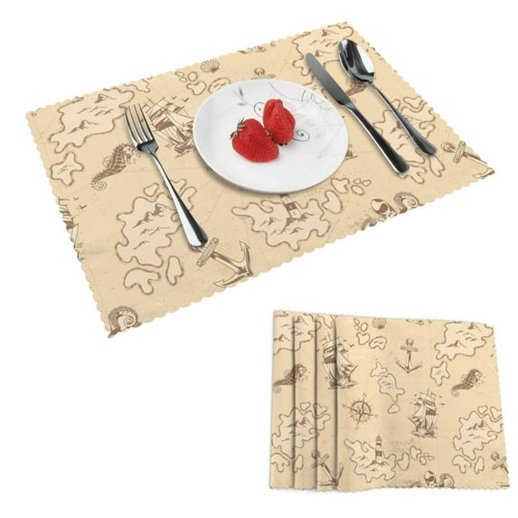 DouZhe Polyester Placemats Set of 4, Vintage Nautical Old Ship Compass Pattern Heat Resistant Place Mats for Dining Table, 12" x 18"