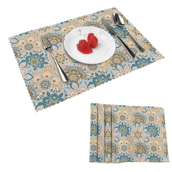 DouZhe Polyester Placemats Set of 4, Vintage Orienta Mandala Elements Pattern Heat Resistant Place Mats for Dining Table, 12" x 18"