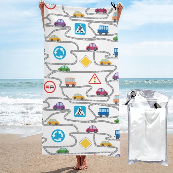DouZhe Quick Dry Beach Towel, Super Absorbent Cartoon Buses Cars Roads Pattern Bath Travel Towels, 27.5"x55"