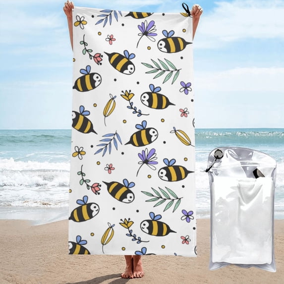 DouZhe Quick Dry Beach Towel, Super Absorbent Cartoon Cute Bees Flowers Pattern Bath Travel Towels, 27.5"x55"