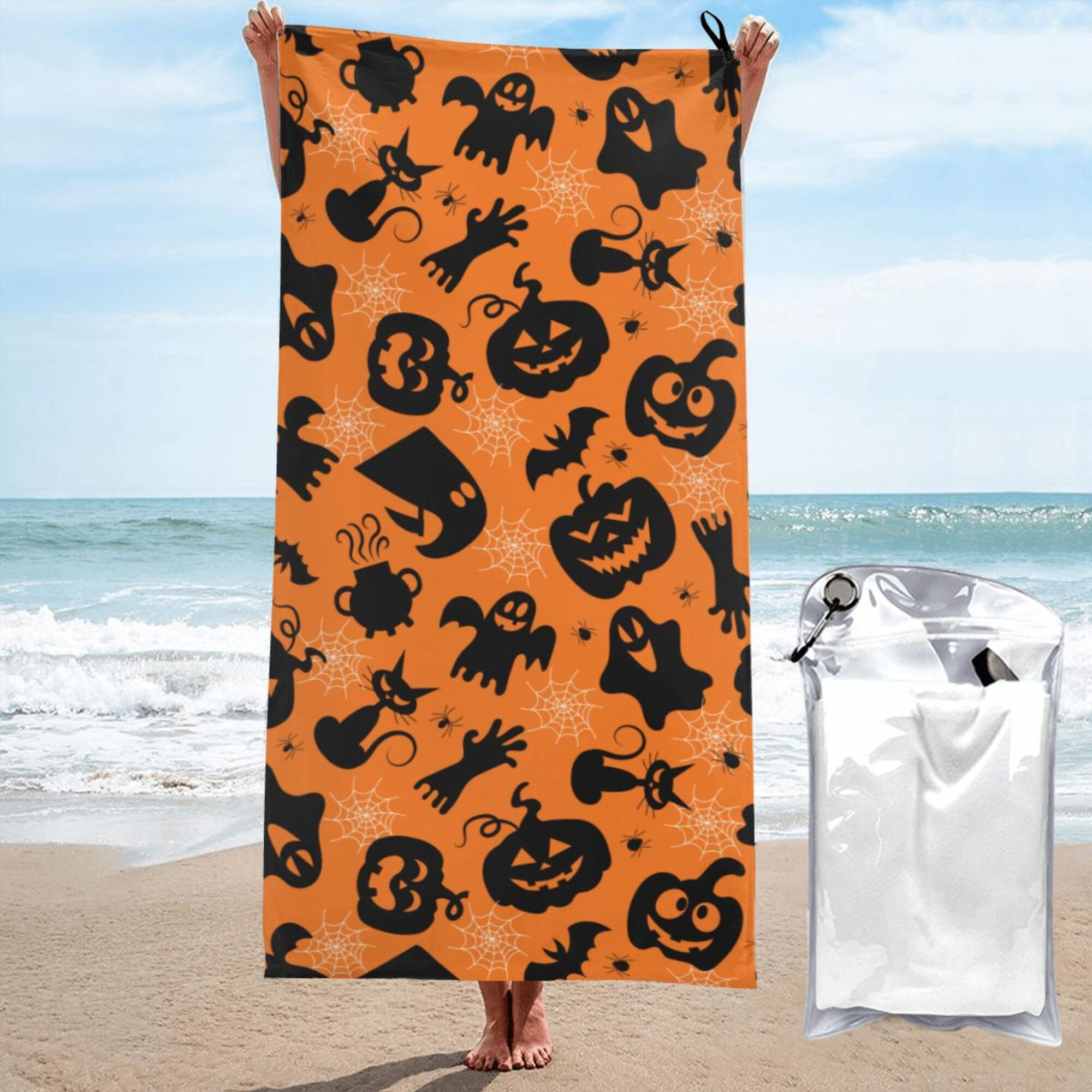 DouZhe Quick Dry Beach Towel, Super Absorbent Pumpkins Bats Spiders