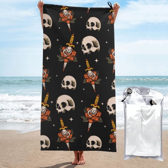DouZhe Quick Dry Beach Towel, Super Absorbent Vintage Skull Oldschool Rose Pattern Bath Travel Towels, 31.5"x63"