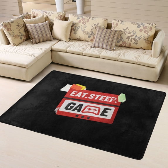 DouZhe Red Eat Sleep Games Tags Pattern Area Rugs Non-Slip Machine Washable Floor Mat, Eat Sleep Games Tags Old School Stickers Style Carpet Doormat, 63x48 inches