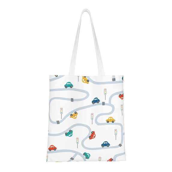 DouZhe Reusable Grocery Bags, Cartoon Town cars Roads Lightweight Polyester Canvas Cloth Tote Bag for Travle Gym Shopping School, 15" x 16"