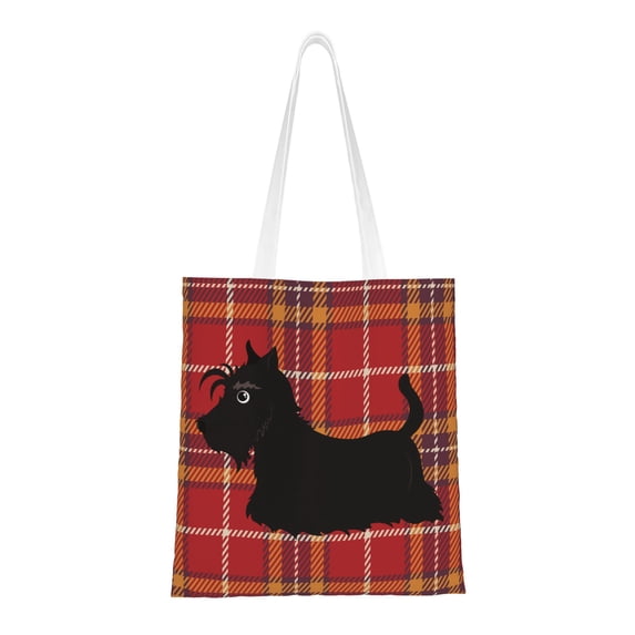 DouZhe Reusable Grocery Bags, Red Plaid Black Scottish Terrier Lightweight Polyester Canvas Cloth Tote Bag for Travle Gym Shopping School, 15" x 16"