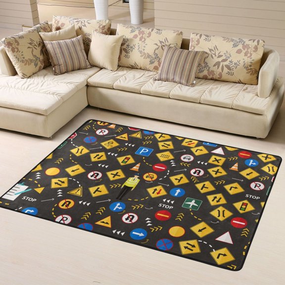 DouZhe Road Safety Traffic Signs Pattern Area Rugs Non-Slip Machine Washable Floor Mat, Style Carpet Doormat, 63x48 inches
