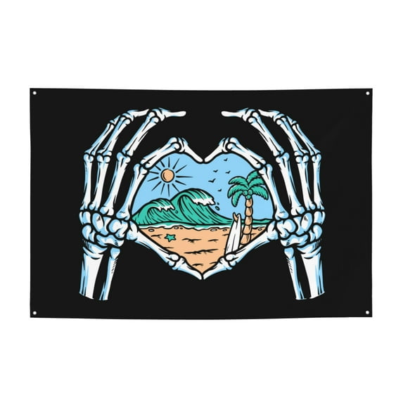DouZhe Skull Hand Love Beach Sign Banner, Hanging Banners Backdrop Festive Party Decor for Indoor Outdoor, 47 x 71 Inches