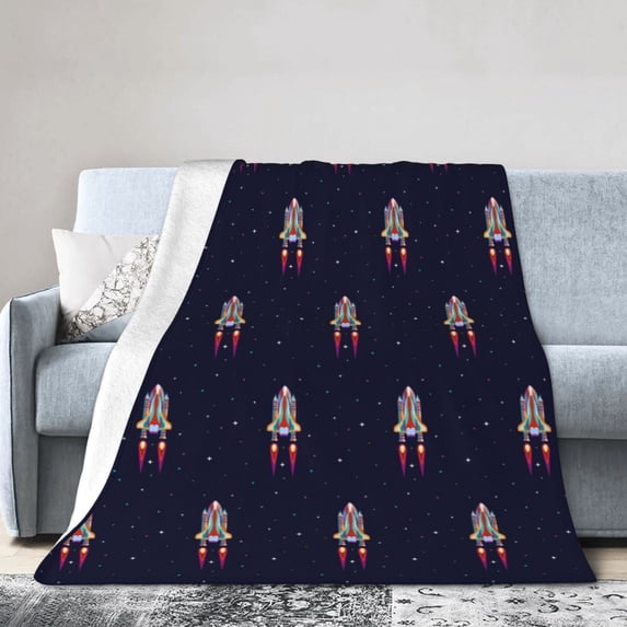 DouZhe Ultra-Soft Micro Fleece Lightweight Flannel Bed Blanket, Cartoon Rockets Spaceship Print Cozy Warm Throw Blankets, 60"x50"