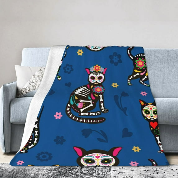 DouZhe Ultra-Soft Micro Fleece Lightweight Flannel Bed Blanket, Cute Sugar Skull Cats Print Cozy Warm Throw Blankets, 40"x30"