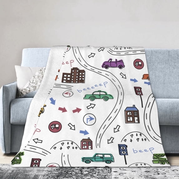 DouZhe Ultra-Soft Micro Fleece Lightweight Flannel Bed Blanket, Funny Cars Road Doodle Print Cozy Warm Throw Blankets, 80"x60"