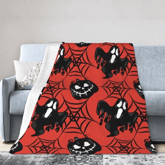 DouZhe Ultra-Soft Micro Fleece Lightweight Flannel Bed Blanket, Halloween SpiderWeb Pumpkin Spooky Print Cozy Warm Throw Blankets, 50"x40"