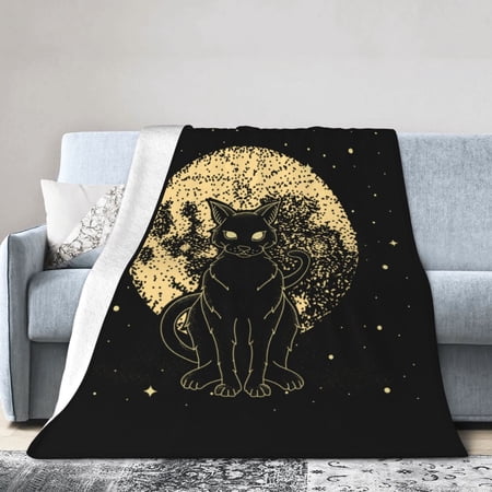 DouZhe Ultra-Soft Micro Fleece Lightweight Flannel Bed Blanket, Mystical Full Moon Cat Print Cozy Warm Throw Blankets, 40"x30"