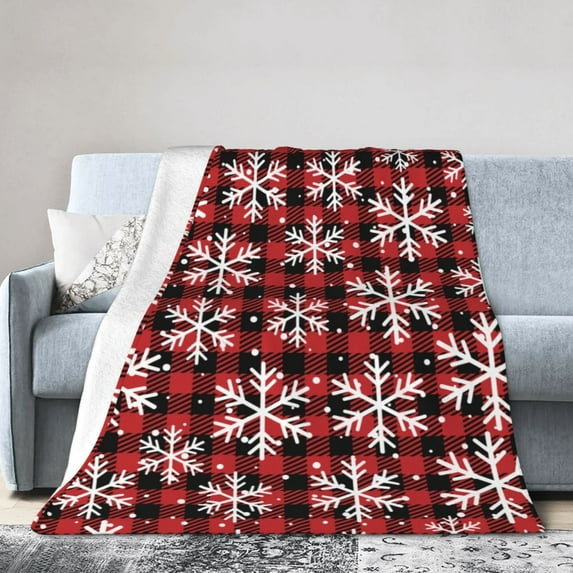 DouZhe Ultra-Soft Micro Fleece Lightweight Flannel Bed Blanket, Red Christmas Plaid Snowflakes Print Cozy Warm Throw Blankets, 40"x30"