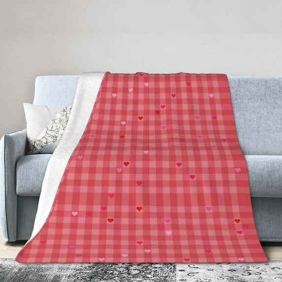 DouZhe Ultra-Soft Micro Fleece Lightweight Flannel Bed Blanket, Red Hearts Love Checkered Print Cozy Warm Throw Blankets, 50"x40"