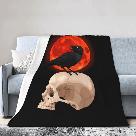 DouZhe Ultra-Soft Micro Fleece Lightweight Flannel Bed Blanket, Red Moon Crow and Skull Print Cozy Warm Throw Blankets, 40"x30"