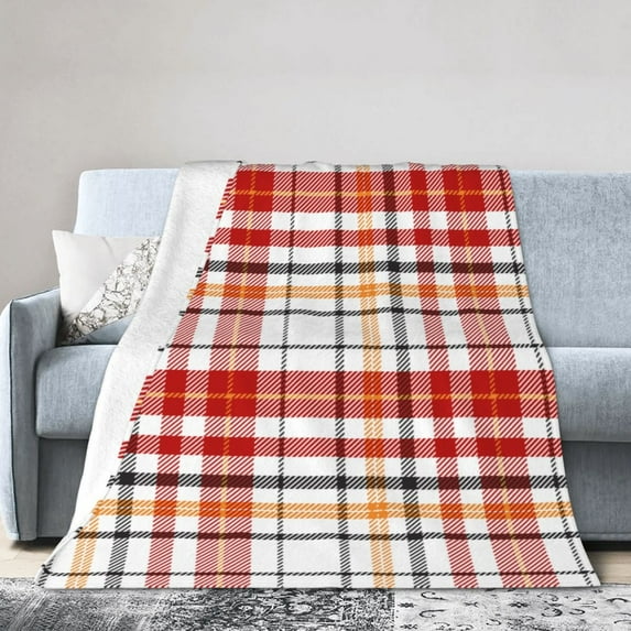 DouZhe Ultra-Soft Micro Fleece Lightweight Flannel Bed Blanket, Red Scottish Grid Lines Print Cozy Warm Throw Blankets, 80"x60"