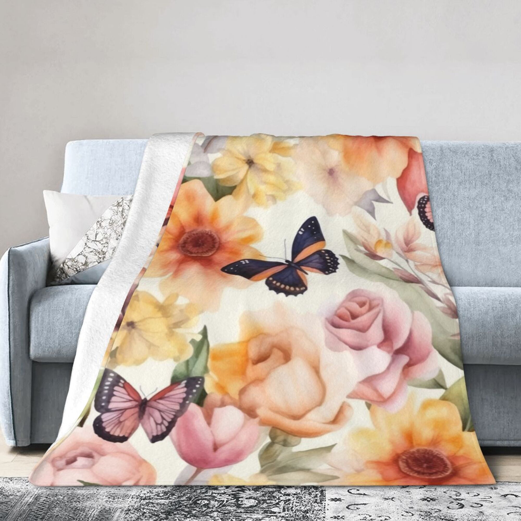 Butterfly and Roses on Geometric Ultra-Soft Micro Fleece Blanket 40