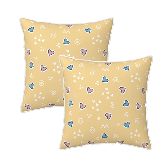 DouZhe Velvet Decorative Throw Pillow Covers Set of 2, Soft Square Cushion Cover with Invisible Zipper Hearts Yellow Pink Blue Doodles Printing, 16"x16"