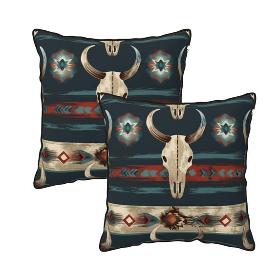 DouZhe Velvet Decorative Throw Pillow Covers Set of 2, Soft Square Cushion Cover with Invisible Zipper Vintage Ethnic Boho Bull Skulls Printing, 16"x16"