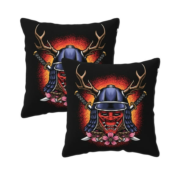 DouZhe Velvet Decorative Throw Pillow Covers Set of 2, Soft Square Cushion Cover with Invisible Zipper Oni Mask Samurai Printing, 20"x20"