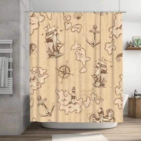 DouZhe Vintage Nautical Old Ship Compass Pattern Shower Curtain, Waterproof Bath Curtains for Bathroom Decorations, 72 x 72 inches