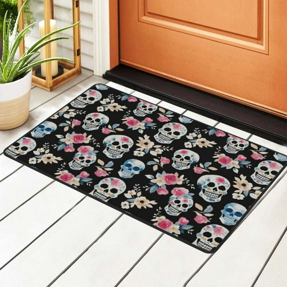 DouZhe Watercolor Dia De Muertos Skulls Flowers Rugs Doormat, Non-Slip Machine Washable Carpets Floor Door Mat , 36" x 24"