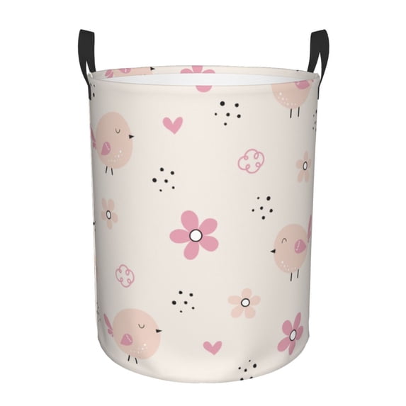 DouZhe Waterproof Collapsible Large Laundry Baskets, Cartoon Cute Birds Flower Prints Circular Hamper with Handles