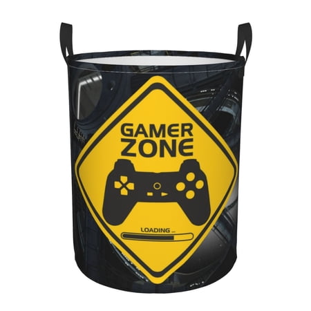 DouZhe Waterproof Collapsible Large Laundry Baskets, Gamer Zone Warning Prints Circular Hamper with Handles