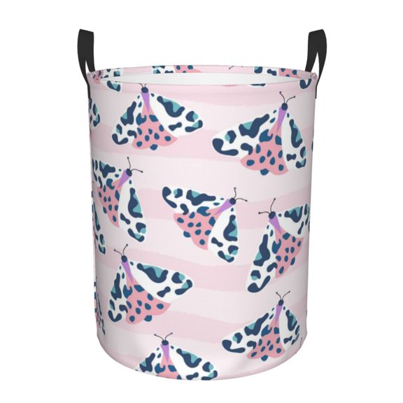 DouZhe Waterproof Collapsible Large Laundry Baskets, Pink Stripes Butterfly Prints Circular Hamper with Handles