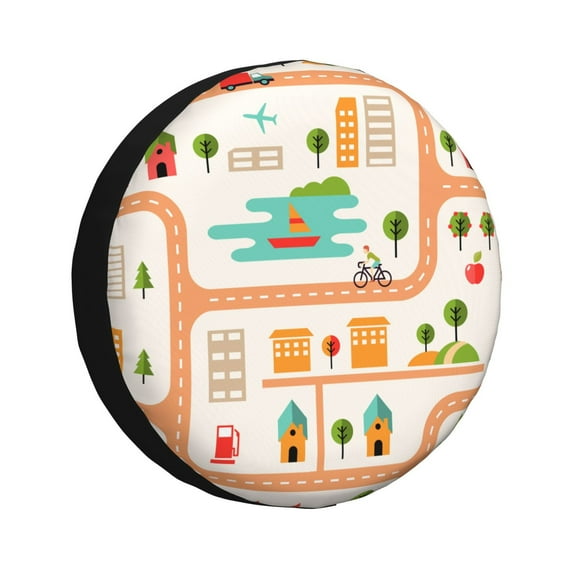 DouZhe Waterproof Spare Tire Cover, Cartoon City Streets Map Prints Adjustable Wheel Covers Fit for Jeep Trailer RV SUV Car, 15 inch