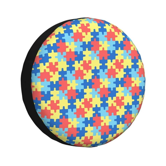DouZhe Waterproof Spare Tire Cover, Colorful Autism Pattern with Puzzles Prints Adjustable Wheel Covers Fit for Jeep Trailer RV SUV Car, 16 inch