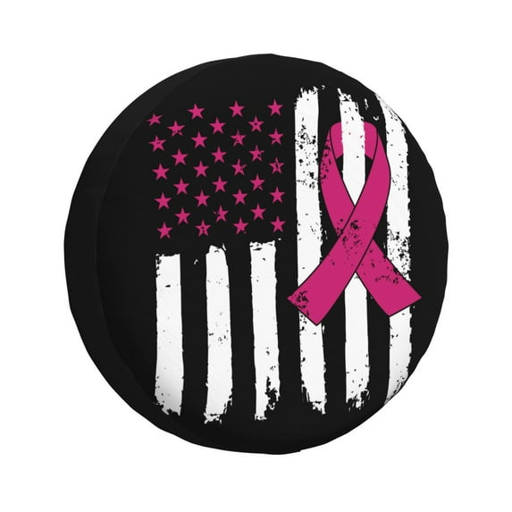 DouZhe Waterproof Spare Tire Cover, Fight Breast Cancer Awareness American Flag Prints Adjustable Wheel Covers Fit for Jeep Trailer RV SUV Car, 15 inch