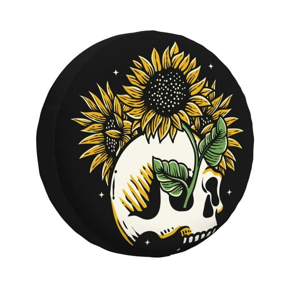 DouZhe Waterproof Spare Tire Cover, Gothic Skull with Sunflower Prints Adjustable Wheel Covers Fit for Jeep Trailer RV SUV Car, 16 inch
