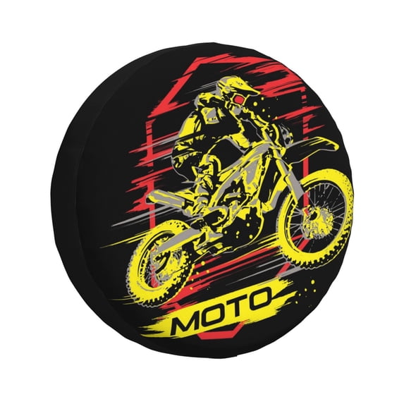 DouZhe Waterproof Spare Tire Cover, Motor Racing Yellow Motorcycle Prints Adjustable Wheel Covers Fit for Jeep Trailer RV SUV Car, 16 inch