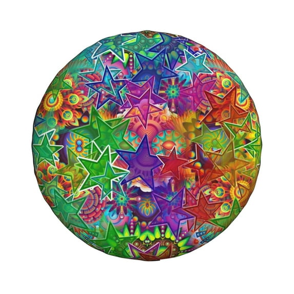 DouZhe Waterproof Spare Tire Cover, Psychedelic Colorful Stars Prints Adjustable Wheel Covers Fit for Jeep Trailer RV SUV Car, 15 inch
