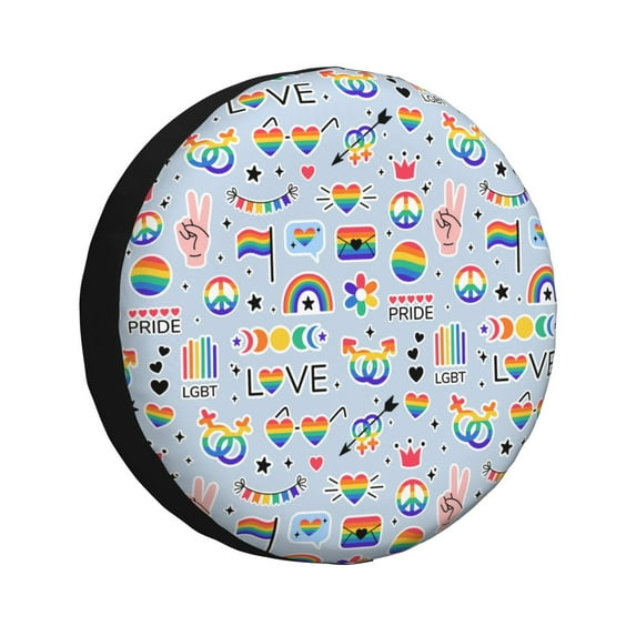 DouZhe Waterproof Spare Tire Cover, Rainbow Lgbt Pride Doodle Sticker Prints Adjustable Wheel Covers Fit for Jeep Trailer RV SUV Car, 17 inch