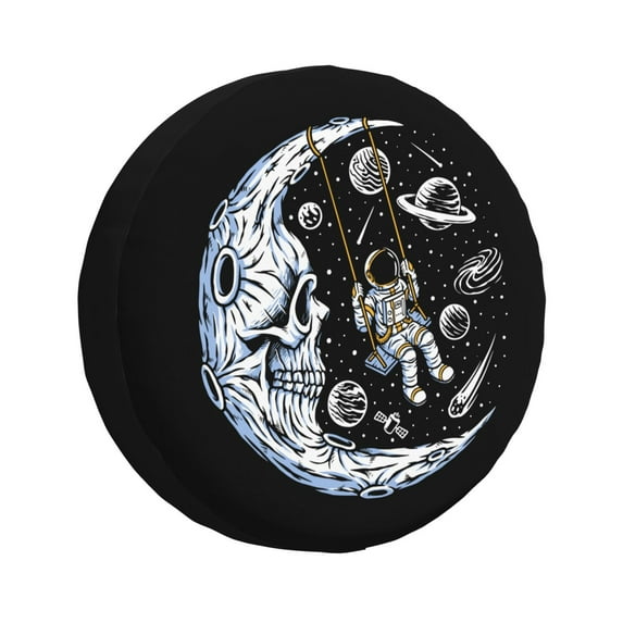 DouZhe Waterproof Spare Tire Cover, Swing Moon Astronaut Skull Prints Adjustable Wheel Covers Fit for Jeep Trailer RV SUV Car, 17 inch