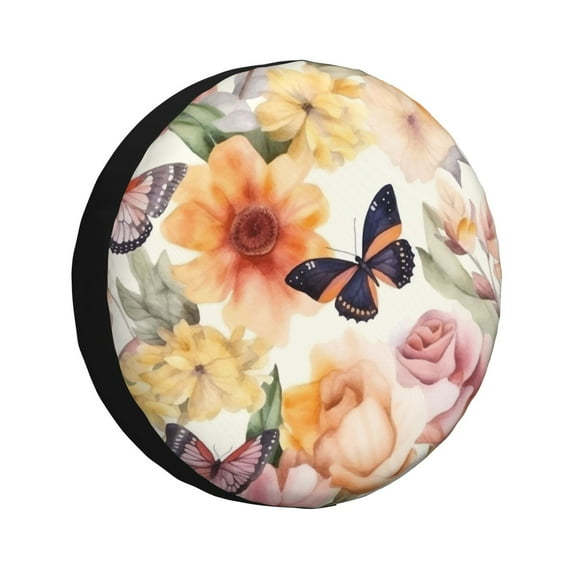 DouZhe Waterproof Spare Tire Cover, Vintage Daisy Flowers Butterflies Prints Adjustable Wheel Covers Fit for Jeep Trailer RV SUV Car, 14 inch