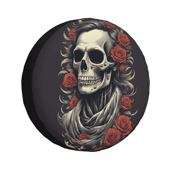 DouZhe Waterproof Spare Tire Cover, Vintage Gothic Skull with Roses Prints Adjustable Wheel Covers Fit for Jeep Trailer RV SUV Car, 16 inch