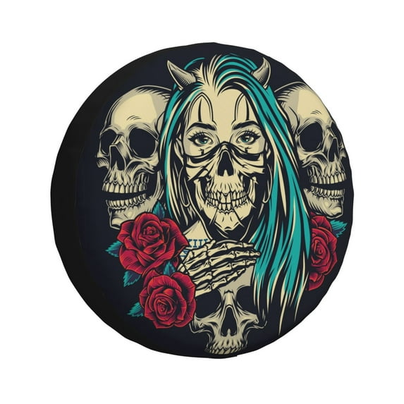 DouZhe Waterproof Spare Tire Cover, Vintage Skull Flower Rose Prints Adjustable Wheel Covers Fit for Jeep Trailer RV SUV Car, 17 inch